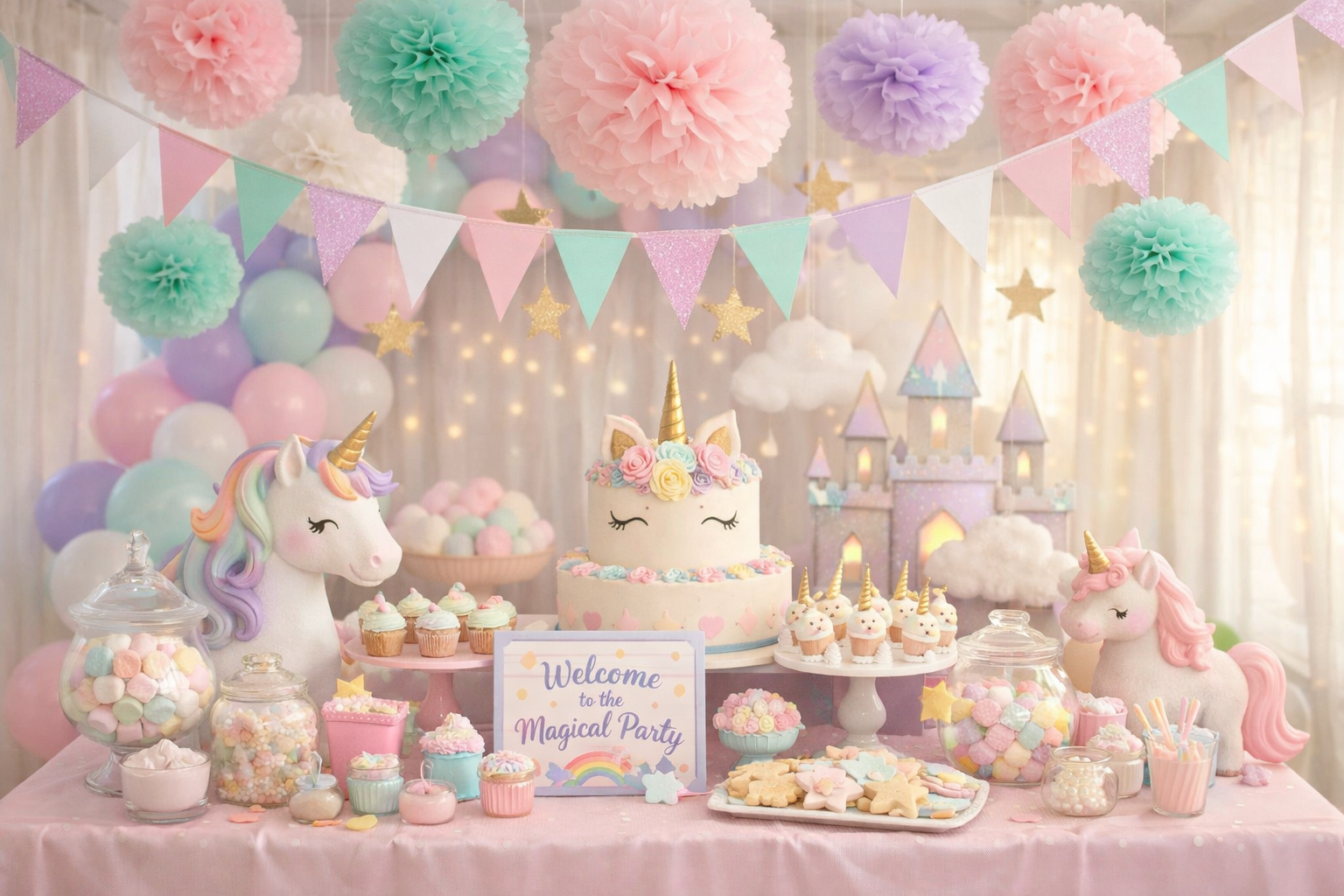 Pastel renklerle suslenmus bir parti ortami, kagit pompomlar ve renkli bayraklar